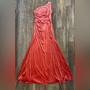 Velvet One Shoulder Maxi Dress Womens 10 Coral Lined Cutout Formal Bridesmaid